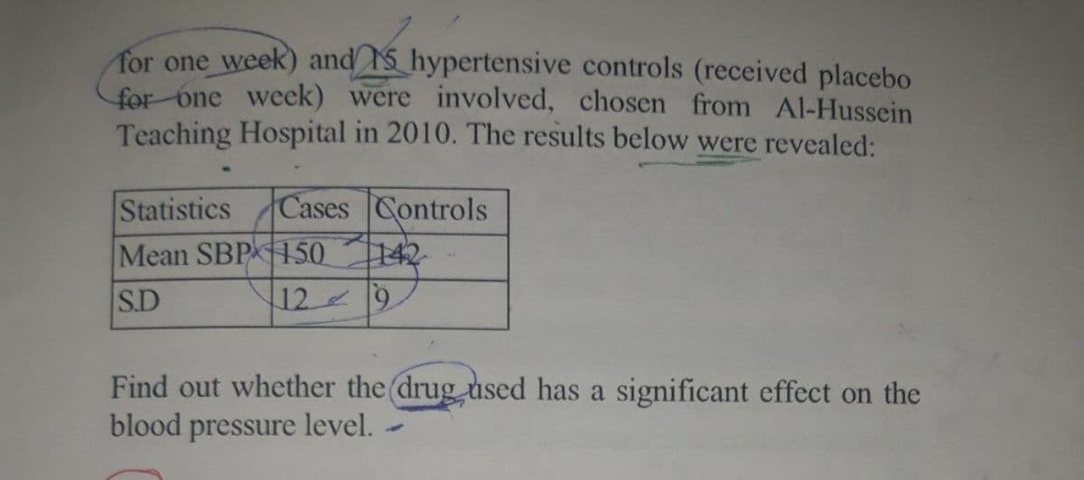 for one week) and S hypertensive controls (received placebo
for one week) were involved, chosen from Al-Hussein
Teaching Hospital in 2010. The results below were revealed:
Statistics
Mean SBP 150
S.D
Cases Controls
|142
12 9
Find out whether the (drug used has a significant effect on the
blood pressure level.
