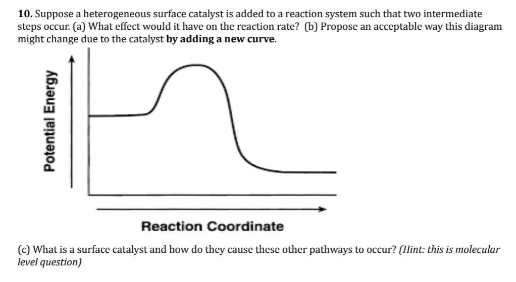 10. Suppose a heterogeneous surface catalyst is added to a reaction system such that two intermediate
steps occur. (a) What effect would it have on the reaction rate? (b) Propose an acceptable way this diagram
might change due to the catalyst by adding a new curve.
Reaction Coordinate
(c) What is a surface catalyst and how do they cause these other pathways to occur? (Hint: this is molecular
level question)
Potential Energy

