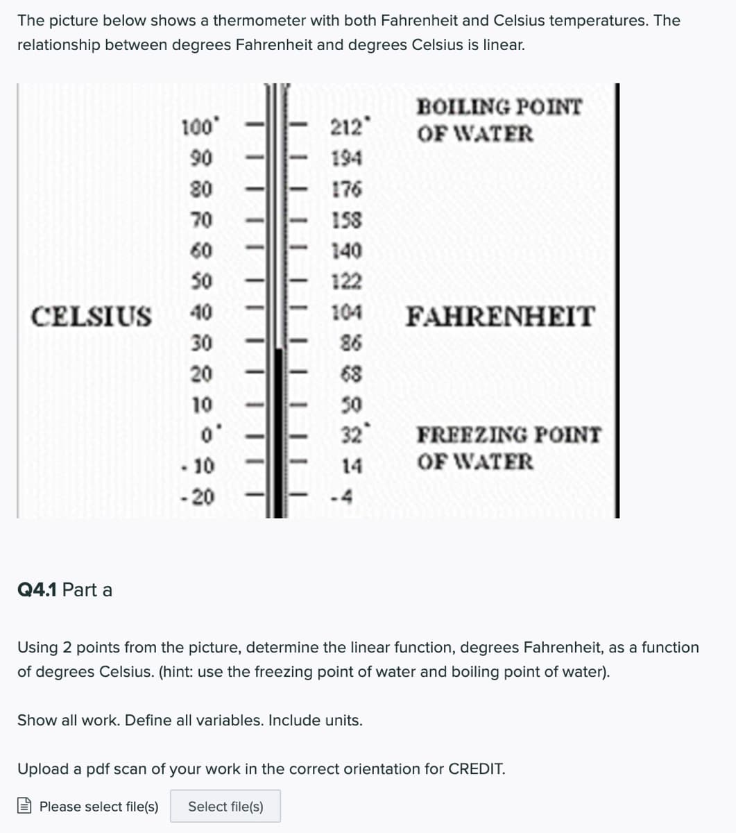 The picture below shows a thermometer with both Fahrenheit and Celsius temperatures. The
relationship between degrees Fahrenheit and degrees Celsius is linear.
BOILING POINT
100
212
OF WATER
90
194
80
176
70
158
60
140
50
122
CELSIUS
40
104
FAHRENHEIT
30
86
20
68
10
50
o'
32
FREEZING POINT
• 10
OF WATER
14
- 20
-4
Q4.1 Part a
Using 2 points from the picture, determine the linear function, degrees Fahrenheit, as a function
of degrees Celsius. (hint: use the freezing point of water and boiling point of water).
Show all work. Define all variables. Include units.
Upload a pdf scan of your work in the correct orientation for CREDIT.
Please select file(s)
Select file(s)
