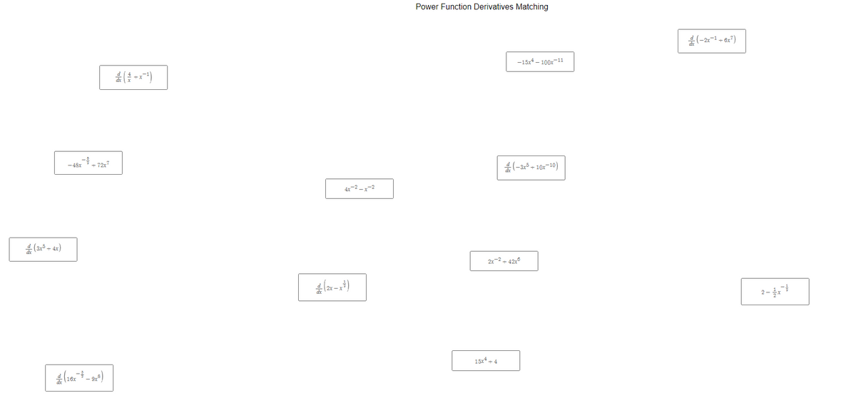 Power Function Derivatives Matching
-15x - 100x-11
-48x- 12
(-3* - 10:-10)
2x- 42
