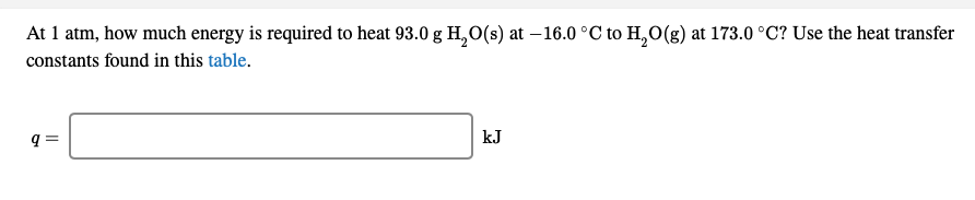 At 1 atm, how much energy is required to heat 93.0 g H,0(s) at – 16.0 °C to H,0(g) at 173.0 °C? Use the heat transfer
constants found in this table.
kJ
