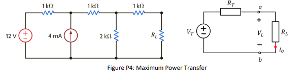 1 k
1 kf2
1 kn
VL
RL
12 v(+
4 mA
2 kn
Figure P4: Maximum Power Transfer
