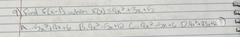 Cl+x=0 texlу а 9+ЖЎ- ехв з енху-ext 8 9+xpte*y-v
ay find f(x-1) when F(x) =4x2+3x+5