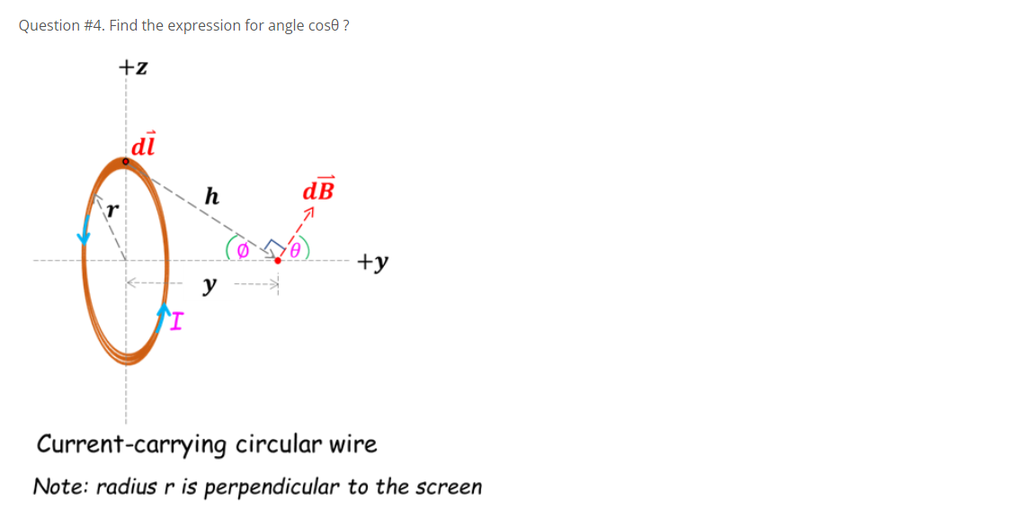 Question #4. Find the expression for angle cose ?
+z
di
h
dB
+y
y
Current-carrying circular wire
Note: radius r is perpendicular to the screen
