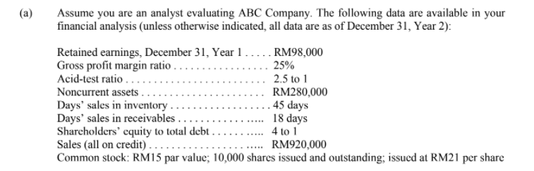 (a)
Assume you are an analyst evaluating ABC Company. The following data are available in your
financial analysis (unless otherwise indicated, all data are as of December 31, Year 2):
Retained earnings, December 31, Year 1
Gross profit margin ratio . . ....
Acid-test ratio ..
Noncurrent assets .
RM98,000
25%
2.5 to 1
Days' sales in inventory .
Days' sales in receivables ..
Shareholders' equity to total debt
Sales (all on credit) . . ..
Common stock: RM15 par value; 10,000 shares issued and outstanding; issued at RM21 per share
RM280,000
. 45 days
18 days
4 to 1
....
.........
RM920,000
.....
