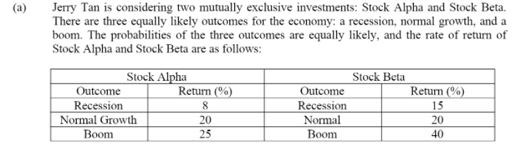 Jerry Tan is considering two mutually exclusive investments: Stock Alpha and Stock Beta.
There are three equally likely outcomes for the economy: a recession, normal growth, and a
boom. The probabilities of the three outcomes are equally likely, and the rate of return of
Stock Alpha and Stock Beta are as follows:
(a)
Stock Alpha
Stock Beta
Outcome
Return (%)
Outcome
Return (%)
Recession
8
Recession
15
Normal Growth
20
Normal
20
Воom
25
Boom
40
