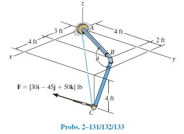 _ 3 ft
4 ft.
2 ft
4 ft
B.
-y
F = {30i – 45j + 50k} lb
4 ft
Probs. 2–131/132/133
