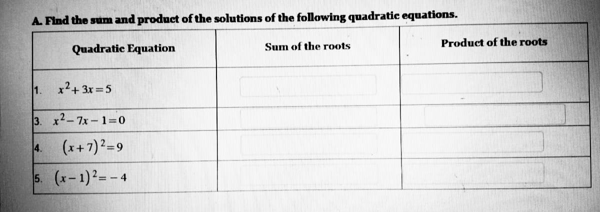 A. Find the sum and product of the solutions of the following quadratic equations.
Quadratic Equation
1.
x² + 3x = 5
3. x2-7x-1=0
4. (x+7)²=9
5. (x-1)²=-4
Sum of the roots
Product of the roots