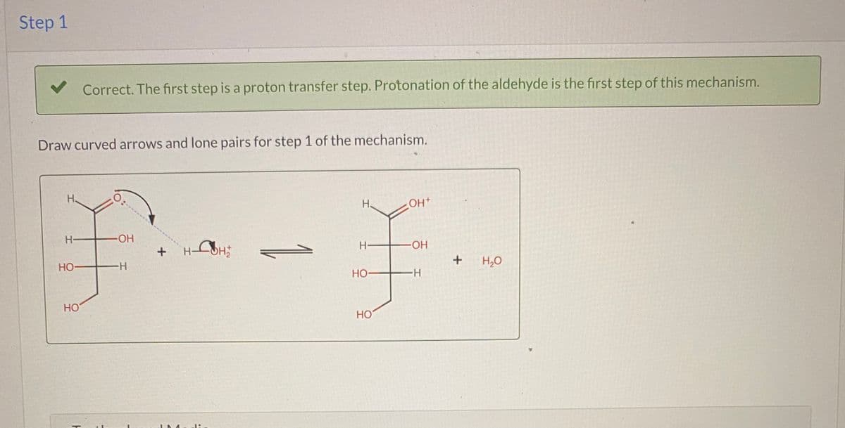Step 1
Correct. The first step is a proton transfer step. Protonation of the aldehyde is the first step of this mechanism.
Draw curved arrows and lone pairs for step 1 of the mechanism.
H
H
OH+
H-
HO-
H-
HO
+
H,0
Но-
Но-
-H-
HO
HO

