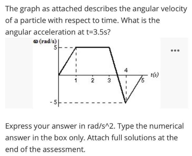 The graph as attached describes the angular velocity
of a particle with respect to time. What is the
angular acceleration at t=3.5s?
® (rad/s)|
5-
4
2(s)
1
2
3
Express your answer in rad/s^2. Type the numerical
answer in the box only. Attach full solutions at the
end of the assessment.
