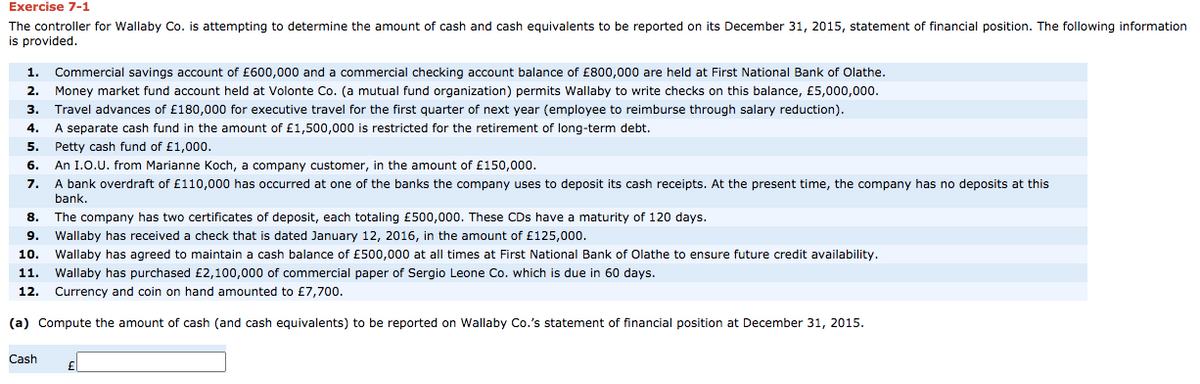 Exercise 7-1
The controller for Wallaby Co. is attempting to determine the amount of cash and cash equivalents to be reported on its December 31, 2015, statement of financial position. The following information
is provided.
1.
Commercial savings account of £600,000 and a commercial checking account balance of £800,000 are held at First National Bank of Olathe.
2.
Money market fund account held at Volonte Co. (a mutual fund organization) permits Wallaby to write checks on this balance, £5,000,000.
3.
Travel advances of £180,000 for executive travel for the first quarter of next year (employee to reimburse through salary reduction).
4.
A separate cash fund in the amount of £1,500,000 is restricted for the retirement of long-term debt.
5. Petty cash fund of £1,000.
An I.O.U. from Marianne Koch, a company customer, in the amount of £150,000.
7.
6.
A bank overdraft of £110,000 has occurred at one of the banks the company uses to deposit its cash receipts. At the present time, the company has no deposits at this
bank.
8.
The company has two certificates of deposit, each totaling £500,000. These CDs have a maturity of 120 days.
9.
Wallaby has received a check that is dated January 12, 2016, in the amount of £125,000.
10. Wallaby has agreed to maintain a cash balance of £500,000 at all times at First National Bank of Olathe to ensure future credit availability.
11. Wallaby has purchased £2,100,000 of commercial paper of Sergio Leone Co. which is due in 60 days.
12. Currency and coin on hand amounted to £7,700.
(a) Compute the amount of cash (and cash equivalents) to be reported on Wallaby Co.'s statement of financial position at December 31, 2015.
Cash
