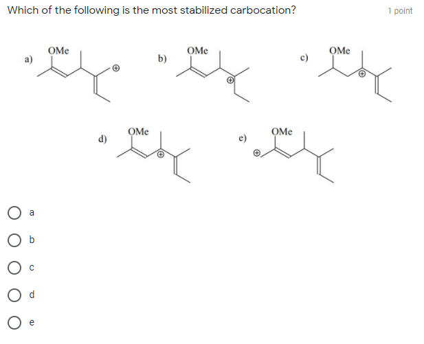 Which of the following is the most stabilized carbocation?
1 point
OMe
a)
OMe
OMe
b)
OMe
OMe
d)
a
O e
