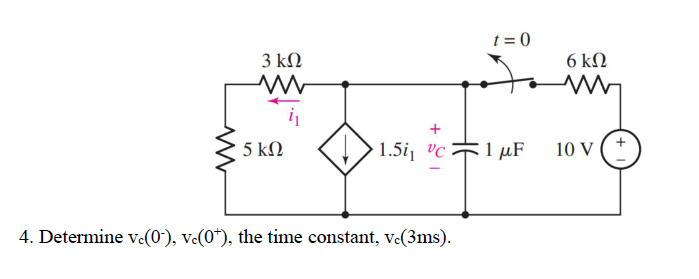 t = 0
3 kΩ
6 kΩ
i
5 kΩ
1.5i, vC
:1 µF
10 V
4. Determine vc(0*), Ve(0*), the time constant, Ve(3ms).

