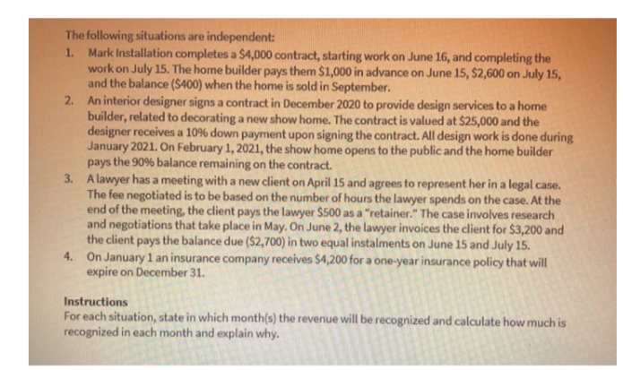 The following situations are independent:
1. Mark Installation completes a $4,000 contract, starting work on June 16, and completing the
work on July 15. The home builder pays them $1,000 in advance on June 15, $2,600 on July 15,
and the balance ($400) when the home is sold in September.
2. An interior designer signs a contract in December 2020 to provide design services to a home
builder, related to decorating a new show home. The contract is valued at $25,000 and the
designer receives a 10% down payment upon signing the contract. All design work is done during
January 2021. On February 1, 2021, the show home opens to the public and the home builder
pays the 90% balance remaining on the contract.
3. A lawyer has a meeting with a new client on April 15 and agrees to represent her in a legal case.
The fee negotiated is to be based on the number of hours the lawyer spends on the case. At the
end of the meeting, the client pays the lawyer $500 as a "retainer." The case involves research
and negotiations that take place in May. On June 2, the lawyer invoices the client for $3,200 and
the client pays the balance due ($2,700) in two equal instalments on June 15 and July 15.
4. On January 1 an insurance company receives $4,200 for a one-year insurance policy that will
expire on December 31.
Instructions
For each situation, state in which month(s) the revenue will be recognized and calculate how much is
recognized in each month and explain why.

