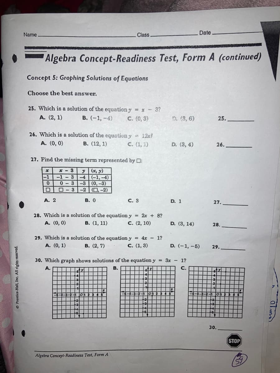 Name
Class.
Date
Algebra Concept-Readiness Test, Form A (continued)
Concept 5: Graphing Solutions of Equations
Choose the best answer.
25. Which is a solution of the equation y = x- 3?
A. (2, 1)
B. (-1,-4)
C. (0, 3)
D. (3, 6)
25.
26. Which is a solution of the equation y 12x?
A. (0, 0)
В. (12, 1)
C. (1, 1)
D. (3, 4)
26.
27. Find the missing term represented by :
x - 3
-1 - 3
y (x, y)
-1
-4
(-1,-4)
0 - 3
O - 3
-3
(0,–3)
-2
(D, -2)
A. 2
В. О
C. 3
D. 1
27.
28. Which is a solution of the equation y = 2x + 8?
В. (1, 11)
A. (0, 0)
С. (2, 10)
D. (3, 14)
28.
29. Which is a solution of the equation y = 4x - 1?
В. (2, 7)
А. (0, 1)
с. (1, 3)
D. (-1, -5)
29.
30. Which graph shows solutions of the equation y = 3x - 1?
A.
В.
С.
oh
30.
STOP
Algebra Concept-Readiness Test, Form A
© Prentice-Hall, Inc. All rights reserved.
