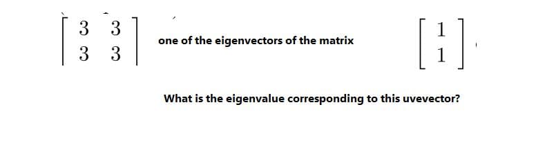 3
one of the eigenvectors of the matrix
3
3
1
What is the eigenvalue corresponding to this uvevector?
