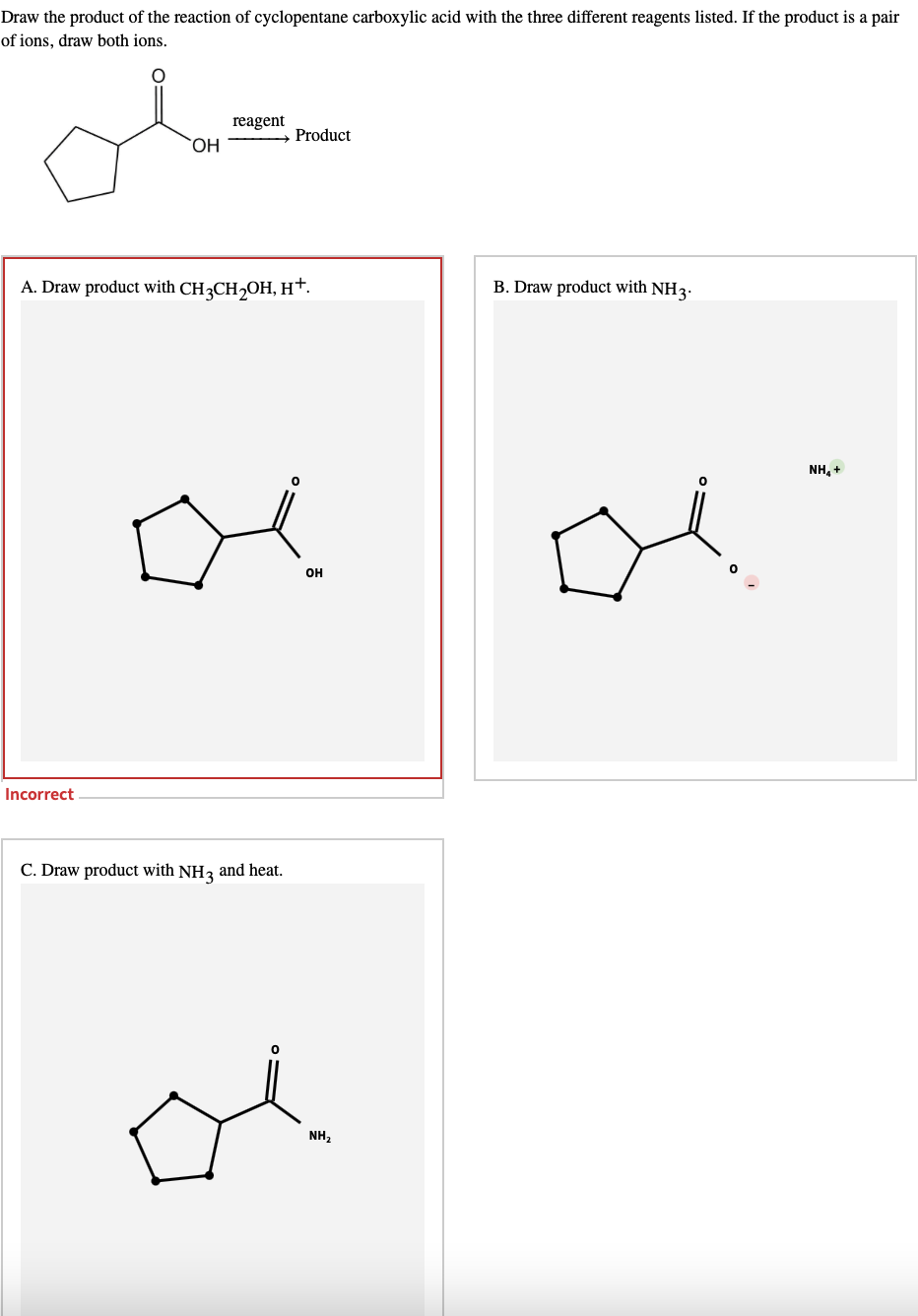 Draw the product of the reaction of cyclopentane carboxylic acid with the three different reagents listed. If the product is a pair
of ions, draw both ions.
reagent
OH.
Product
A. Draw product with CH 3CH2OH, H*.
B. Draw product with NH3.
NH, +
он
Incorrect
C. Draw product with NH3 and heat.
NH2
