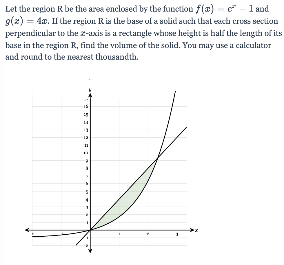 Let the region R be the area enclosed by the function f (x) = e® – 1 and
g(x) = 4x. If the region R is the base of a solid such that each cross section
|
perpendicular to the x-axis is a rectangle whose height is half the length of its
base in the region R, find the volume of the solid. You may use a calculator
and round to the nearest thousandth.
16
15
14
13
12
11
10
9
6
5
4
3
1
2
3
-1
