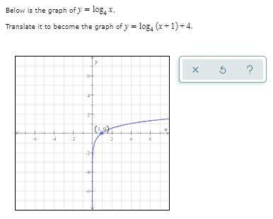 Below is the graph of y = log, x.
Translate it to become the graph of y = log, (x+1)+4.
?
