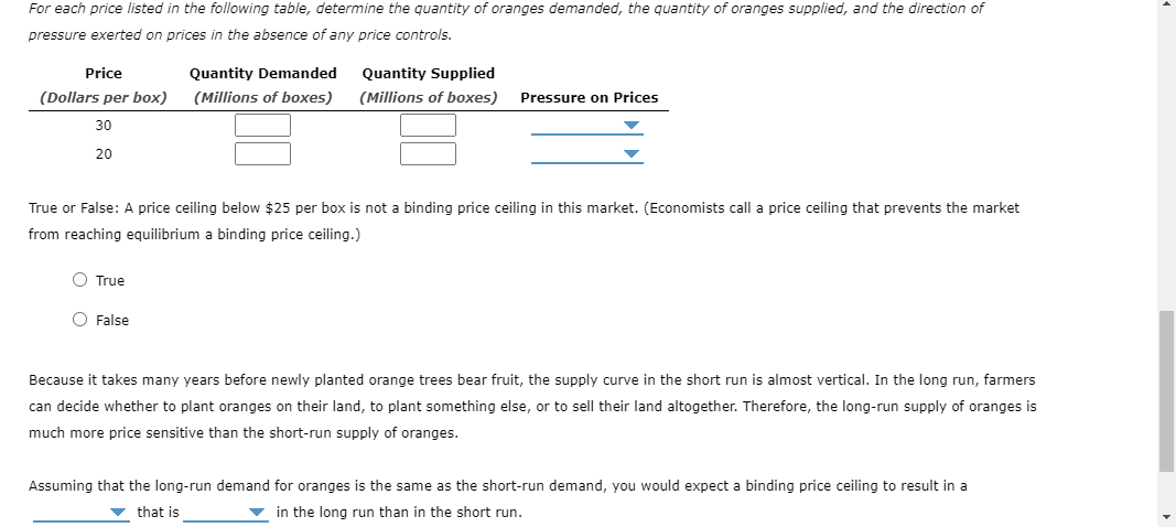 For each price listed in the following table, determine the quantity of oranges demanded, the quantity of oranges supplied, and the direction of
pressure exerted on prices in the absence of any price controls.
Price
Quantity Demanded
Quantity Supplied
(Dollars per box)
(Millions of boxes)
(Millions of boxes)
Pressure on Prices
30
20
True or False: A price ceiling below $25 per box is not a binding price ceiling in this market. (Economists call a price ceiling that prevents the market
from reaching equilibrium a binding price ceiling.)
O True
False
Because it takes many years before newly planted orange trees bear fruit, the supply curve in the short run is almost vertical. In the long run, farmers
can decide whether to plant oranges on their land, to plant something else, or to sell their land altogether. Therefore, the long-run supply of oranges is
much more price sensitive than the short-run supply of oranges.
Assuming that the long-run demand for oranges is the same as the short-run demand, you would expect a binding price ceiling to result in a
v that is
v in the long run than in the short run.
