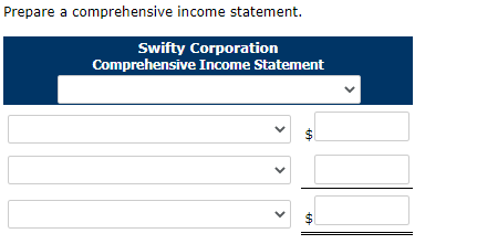 Prepare a comprehensive income statement.
Swifty Corporation
Comprehensive Income Statement
%24
%24
>
>
