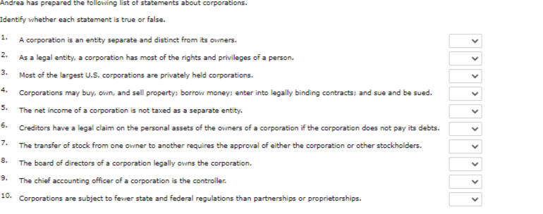 Andrea has prepared the folloving list of statements about corporations.
Identify whether each statement is true or false.
1.
A corporation is an entity separate and distinct from its ovners.
As a legal entity, a corporation has most of the rights and privileges of a person.
Most of the largest U.S. corporations are privately held corporations.
2.
3.
4.
Corporations may buy, owin, and sell property; borrow money; enter into legally binding contracts; and sue and be sued.
5.
The net income of a corporation is not taxed as a separate entity.
6.
Creditors have a legal claim on the personal assets of the ovners of a corporation if the corporation does not pay its debts.
7.
The transfer of stock from one ovner to another requires the approval of either the corporation or other stockholders.
8.
The board of directors of a corporation legally owns the corporation.
9.
The chief accounting officer of a corporation is the controller.
10.
Corporations are subject to fewer state and federal regulations than partnerships or proprietorships.
>
>

