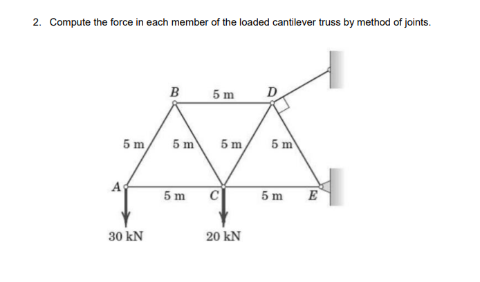 2. Compute the force in each member of the loaded cantilever truss by method of joints.
B
5 m
5 m
5 m
5 m
5 m
A
5 m
5 m
E
30 kN
20 kN
