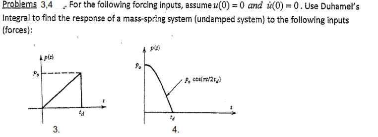 Problems 3,4 For the following forcing inputs, assume u(0) = 0 and ú(0) = 0 . Use Duhamel's
Integral to find the response of a mass-spring system (undamped system) to the following inputs
(forces):
plt)
Po
P. cos(mt/2tg)
ta
3.
4.
