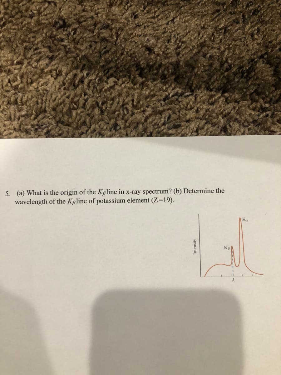 5. (a) What is the origin of the Køline in x-ray spectrum? (b) Determine the
wavelength of the Køline of potassium element (Z=19).
Ka
2.
Intensity
