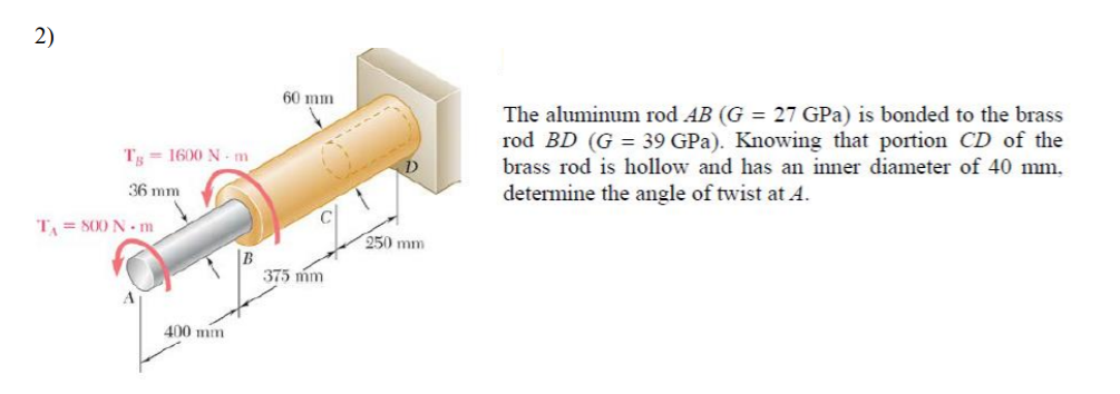 2)
60 mm
The aluminum rod AB (G = 27 GPa) is bonded to the brass
rod BD (G = 39 GPa). Knowing that portion CD of the
brass rod is hollow and has an inner diameter of 40 mm.
T = 1600 N - m
36 mm
determine the angle of twist at A.
T = S00 N- m
250 mm
375 mm
A
400 mm

