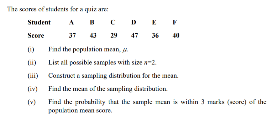 The scores of students for a quiz are:
Student
A
B
D
E
F
Score
37
43
29
47
36
40
(i)
Find the population mean, µ.
(ii)
List all possible samples with size n=2.
(iii)
Construct a sampling distribution for the mean.
(iv)
Find the mean of the sampling distribution.
Find the probability that the sample mean is within 3 marks (score) of the
population mean score.
(v)
