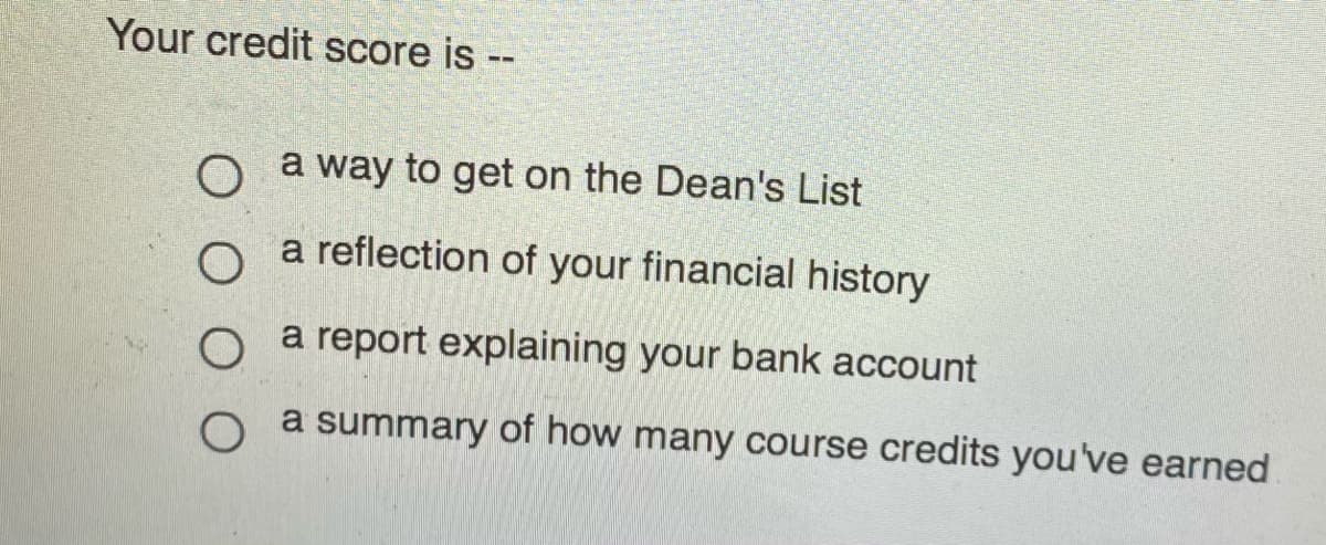 Your credit score is --
o a way to get on the Dean's List
a reflection of your financial history
a report explaining your bank account
a summary of how many course credits you've earned
