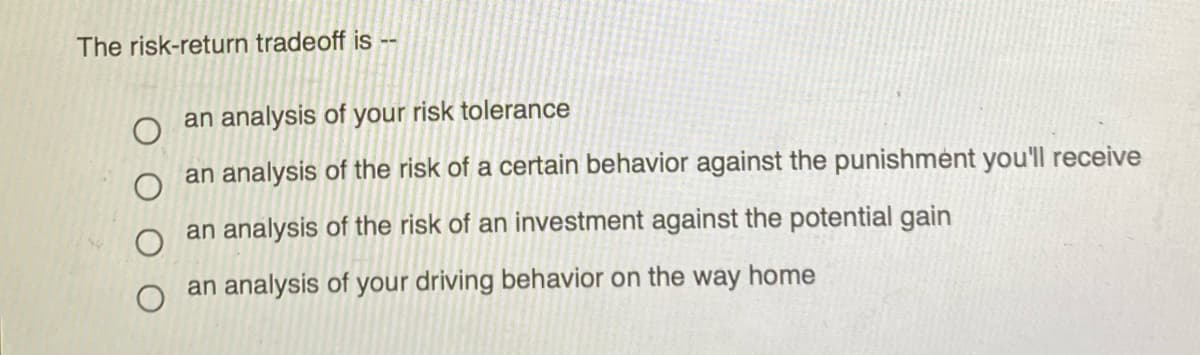 The risk-return tradeoff is --
an analysis of your risk tolerance
an analysis of the risk of a certain behavior against the punishmént you'll receive
an analysis of the risk of an investment against the potential gain
an analysis of your driving behavior on the way home
