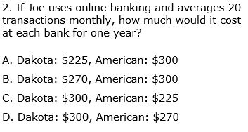 2. If Joe uses online banking and averages 20
transactions monthly, how much would it cost
at each bank for one year?
A. Dakota: $225, American: $300
B. Dakota: $270, American: $300
C. Dakota: $300, American: $225
D. Dakota: $300, American: $270
