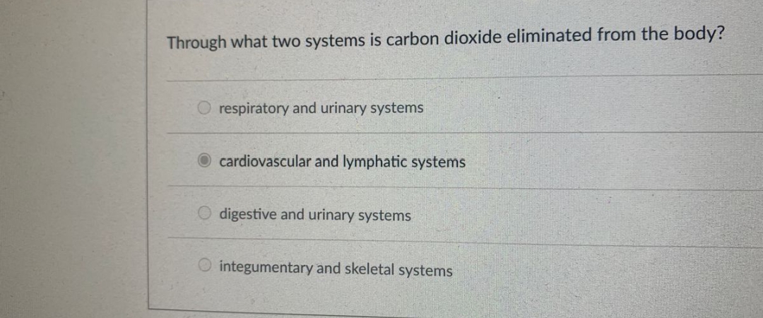 Through what two systems is carbon dioxide eliminated from the body?
respiratory and urinary systems
cardiovascular and lymphatic systems
digestive and urinary systems
integumentary and skeletal systems