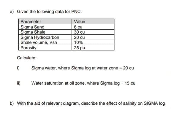 a) Given the following data for PNC:
Parameter
Sigma Sand
Sigma Shale
Sigma Hydrocarbon
Shale volume, Vsh
Porosity
Value
6 cu
30 cu
20 cu
10%
25 pu
Calculate:
i)
Sigma water, where Sigma log at water zone = 20 cu
ii)
Water saturation at oil zone, where Sigma log = 15 cu
b) With the aid of relevant diagram, describe the effect of salinity on SIGMA log
