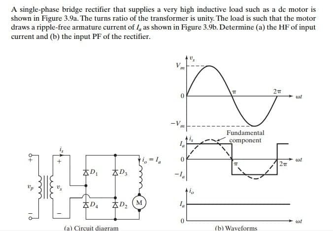 A single-phase bridge rectifier that supplies a very high inductive load such as a de motor is
shown in Figure 3.9a. The turns ratio of the transformer is unity. The load is such that the motor
draws a ripple-free armature current of I, as shown in Figure 3.9b. Determine (a) the HF of input
current and (b) the input PF of the rectifier.
Vm
-V
Fundamental
component
ot
AD,
AD, (M
of
(a) Circuit diagram
(b) Waveforms
