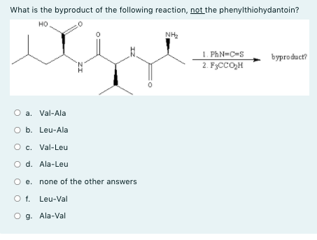 What is the byproduct of the following reaction, not the phenylthiohydantoin?
но
NH2
1. PhN=C=S
2. F3CCO,H
byproduct?
O a. Val-Ala
O b. Leu-Ala
O c. Val-Leu
O d. Ala-Leu
e. none of the other answers
O f. Leu-Val
g. Ala-Val
