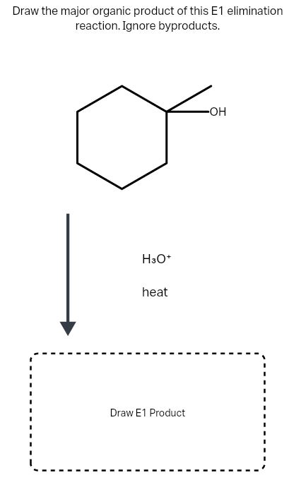 Draw the major organic product of this E1 elimination
reaction. Ignore byproducts.
-OH
H3O*
heat
Draw E1 Product
