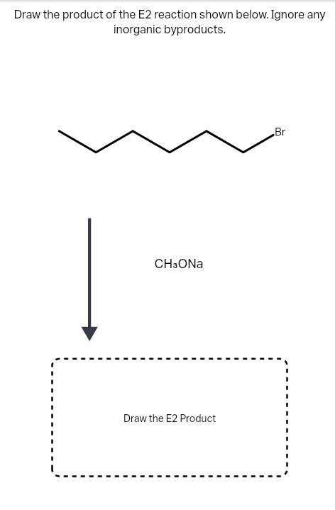 Draw the product of the E2 reaction shown below. Ignore any
inorganic byproducts.
Br
CH3ONA
Draw the E2 Product
