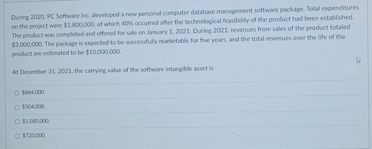 During 2020, PC Software Inc. developed a new personal computer database management software package. Total expenditures
on the project were $1,800,000, of which 40% occurred after the technological feasibility of the product had been established.
The product was completed and offered for sale on January 1, 2021. During 2021, revenues from sales of the product totaled
$3,000,000. The package is expected to be successfully marketable for five years, and the total revenues over the life of the
product are estimated to be $10,000,000.
At December 31, 2021, the carrying value of the software intangible asset is
O $864,000.
O $504,000.
O $1,080,000.
O $720,000.
