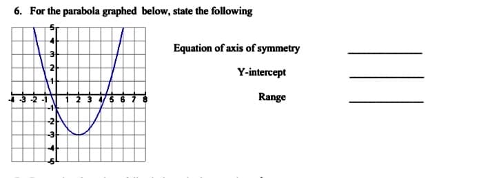 6. For the parabola graphed below, state the following
Equation of axis of symmetry
31
2
Y-intercept
Range
-3
