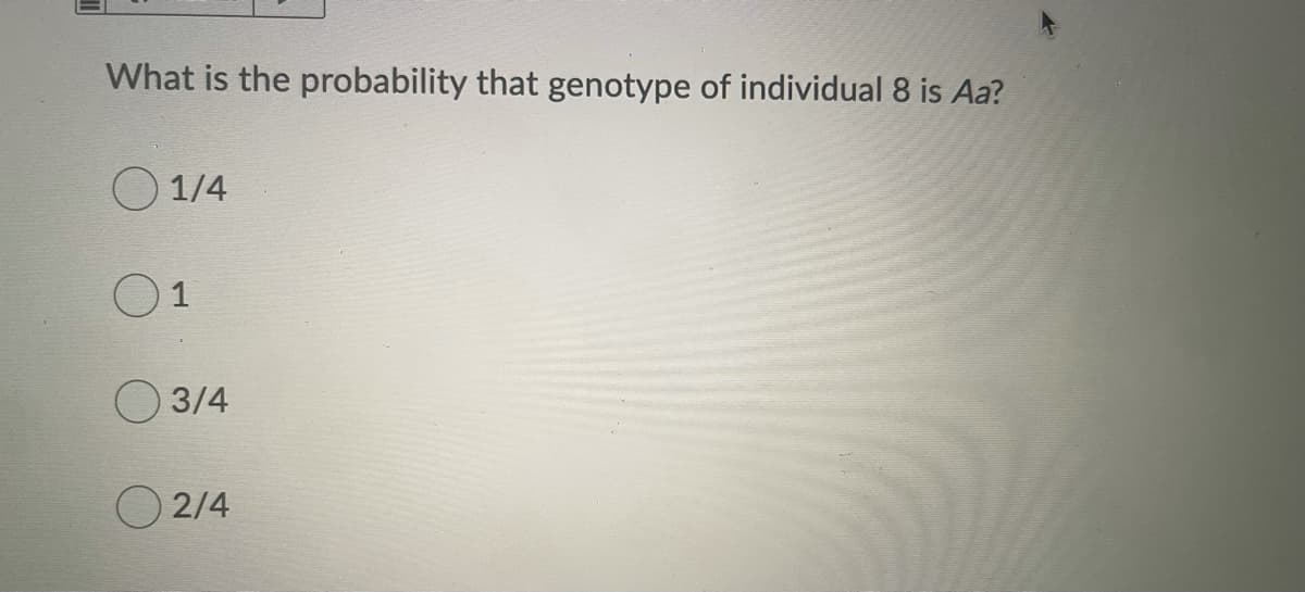 What is the probability that genotype of individual 8 is Aa?
O 1/4
1
3/4
O 2/4
