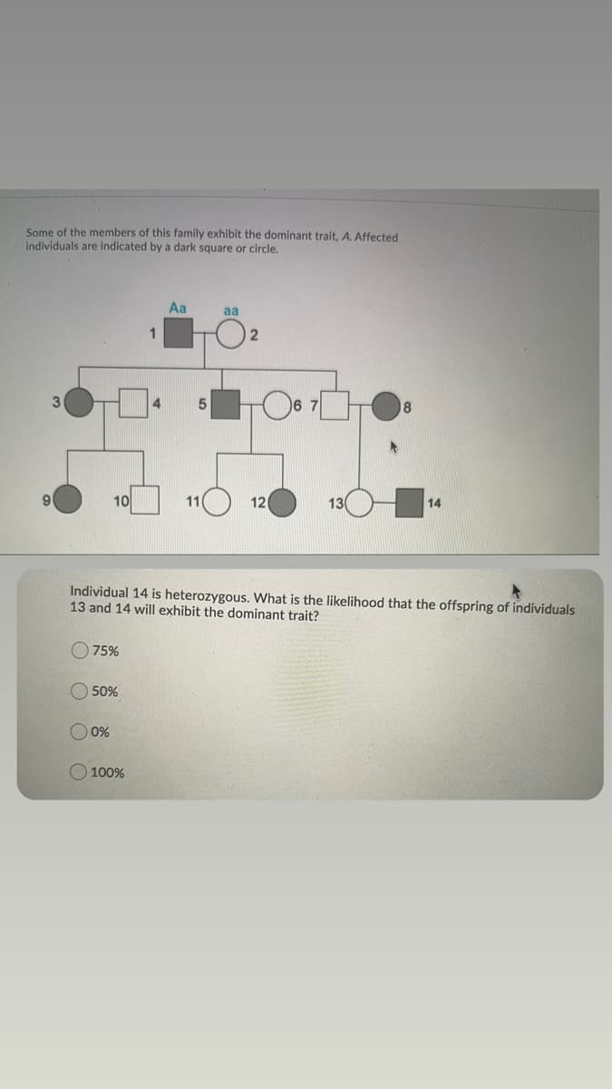 Some of the members of this family exhibit the dominant trait. A. Affected
individuals are indicated by a dark square or circle.
Aa
aa
10
11
12
13
14
Individual 14 is heterozygous. What is the likelihood that the offspring of individuals
13 and 14 will exhibit the dominant trait?
75%
O 50%
O 0%
100%
