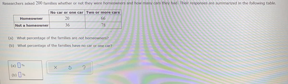 Researchers asked 200 families whether or not they were homeowners and how many cars they had. Their responses are summarized in the following table.
No car or one car Two or more cars
Homeowner
20
36
66
78
Not a homeowner
(a) What percentage of the families are not homeowners?
(b) What percentage of the families have no car or one car?
(a) %
X S ?