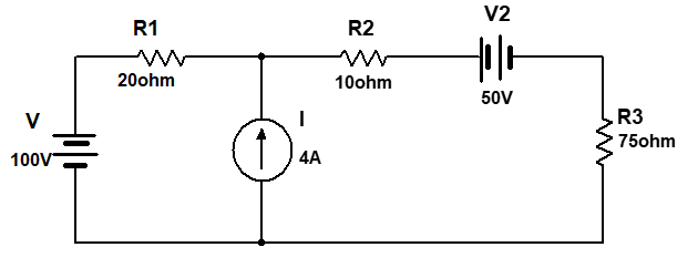 V2
R1
R2
20ohm
10ohm
50V
V
R3
75ohm
100V
4A
