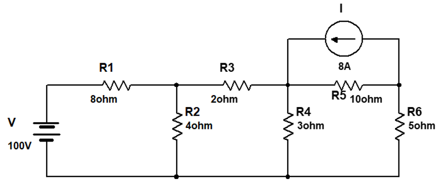 R1
R3
8A
2ohm
R5 10ohm
8ohm
R2
R4
R6
V
4ohm
3ohm
5ohm
100V
