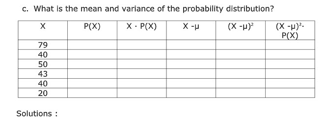 c. What is the mean and variance of the probability distribution?
X • P(X)
X -H
(X -H)?.
P(X)
X
P(X)
(X -H)?
79
40
50
43
40
20
Solutions :
