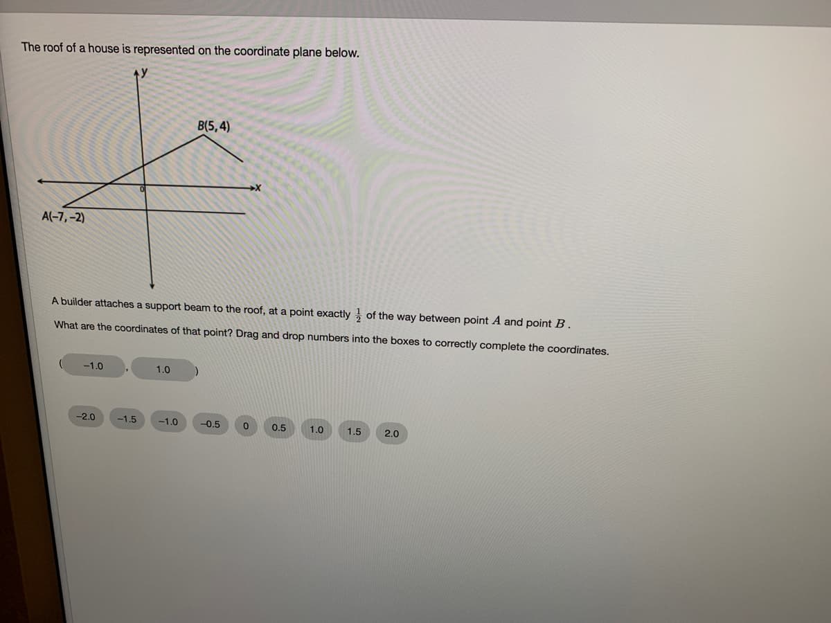 The roof of a house is represented on the coordinate plane below.
B(5,4)
A(-7,-2)
A builder attaches a support beam to the roof, at a point exactly , of the way between point A and point B.
What are the coordinates of that point? Drag and drop numbers into the boxes to correctly complete the coordinates.
-1.0
1.0
-2.0
-1.5
-1.0
-0.5
0.5
1.0
1.5
2.0
