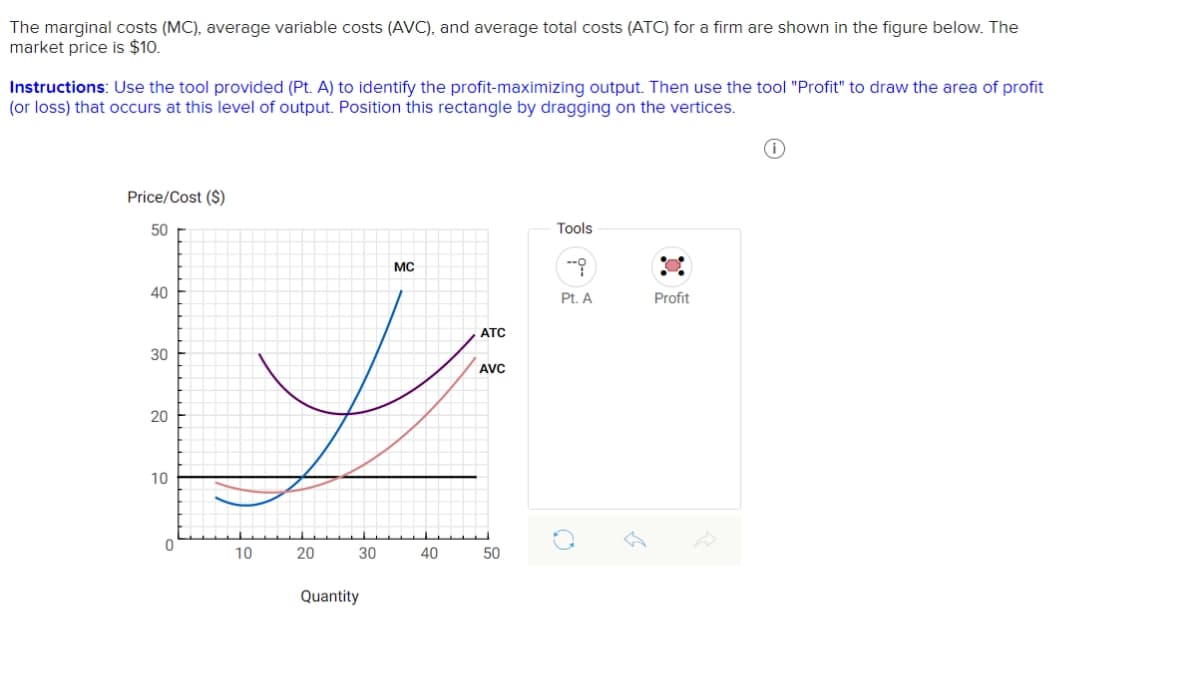 The marginal costs (MC), average variable costs (AVC), and average total costs (ATC) for a firm are shown in the figure below. The
market price is $10.
Instructions: Use the tool provided (Pt. A) to identify the profit-maximizing output. Then use the tool "Profit" to draw the area of profit
(or loss) that occurs at this level of output. Position this rectangle by dragging on the vertices.
Price/Cost ($)
50
40
30
20
10
0
10
20
30
Quantity
MC
40
ATC
AVC
50
Tools
-i
Pt. A
Profit
0